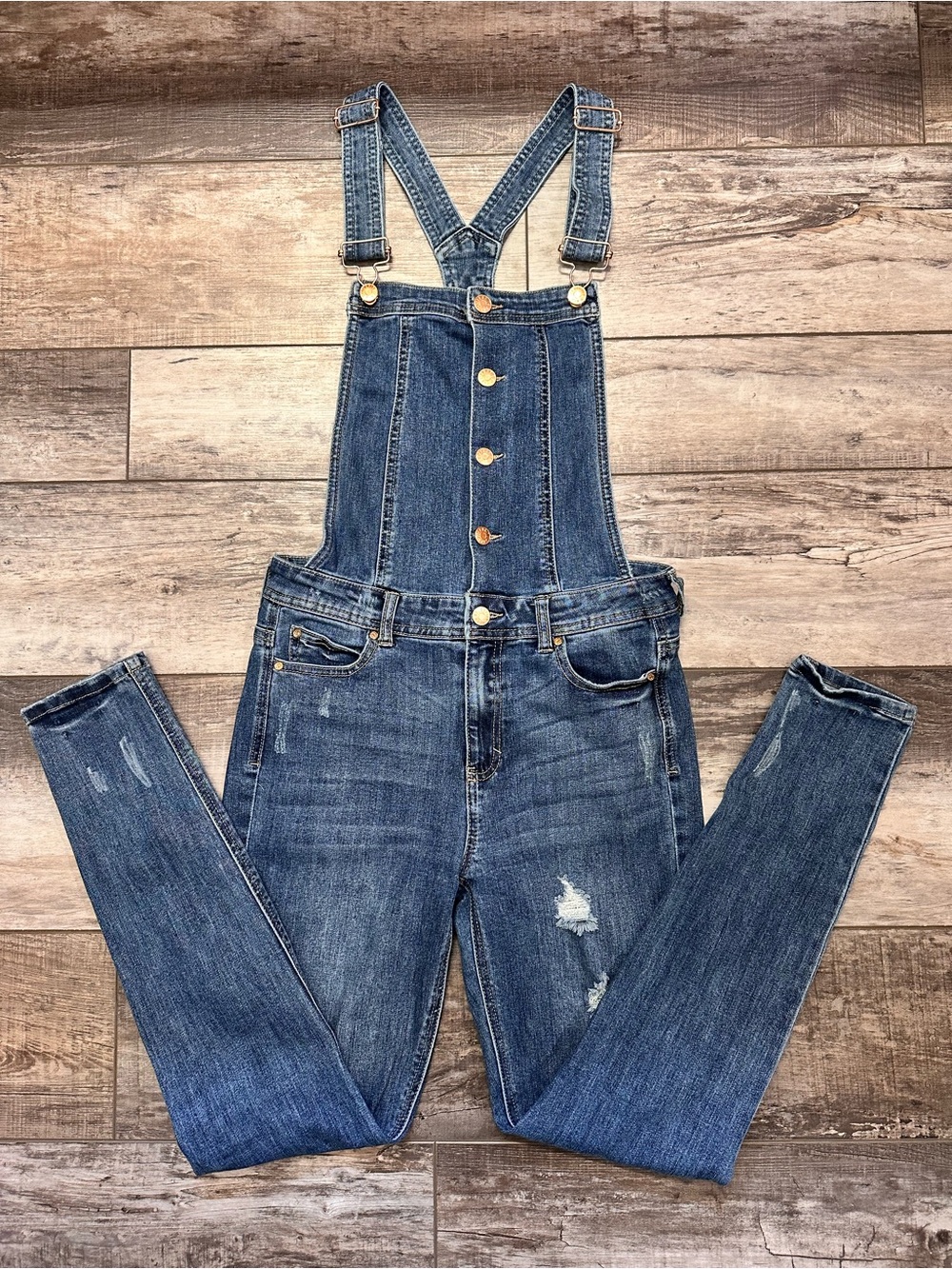 Celebrity Pink Distressed Blue Denim Overalls
